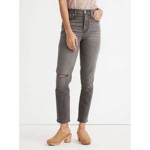 Madewell High-Rise Straight Jeans in Gray with Knee Rip